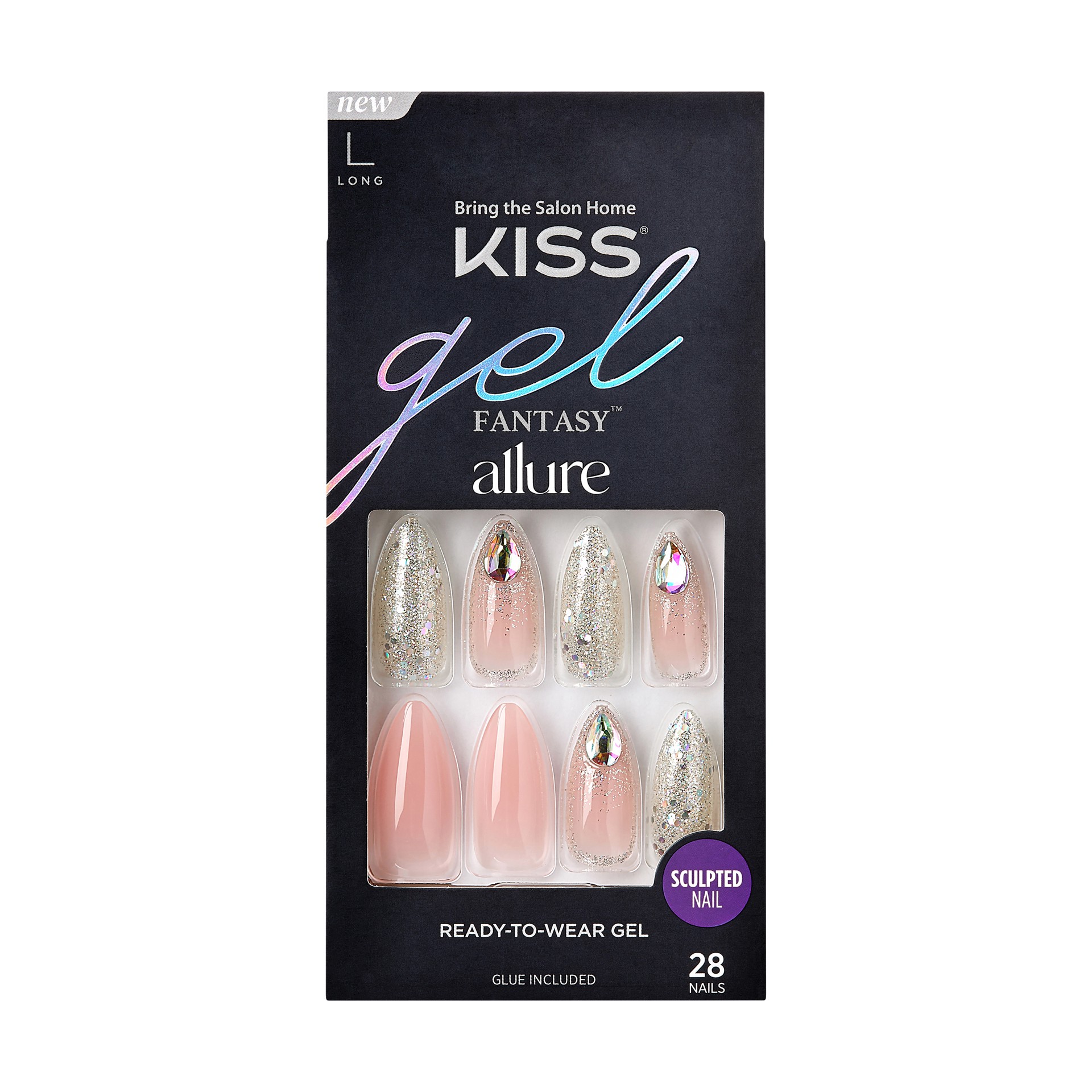 slide 1 of 5, KISS Gel Fantasy Allure Ready-To-Wear Long Almond Fake Nails, Pink & Silver, 28 Pieces, 1 ct