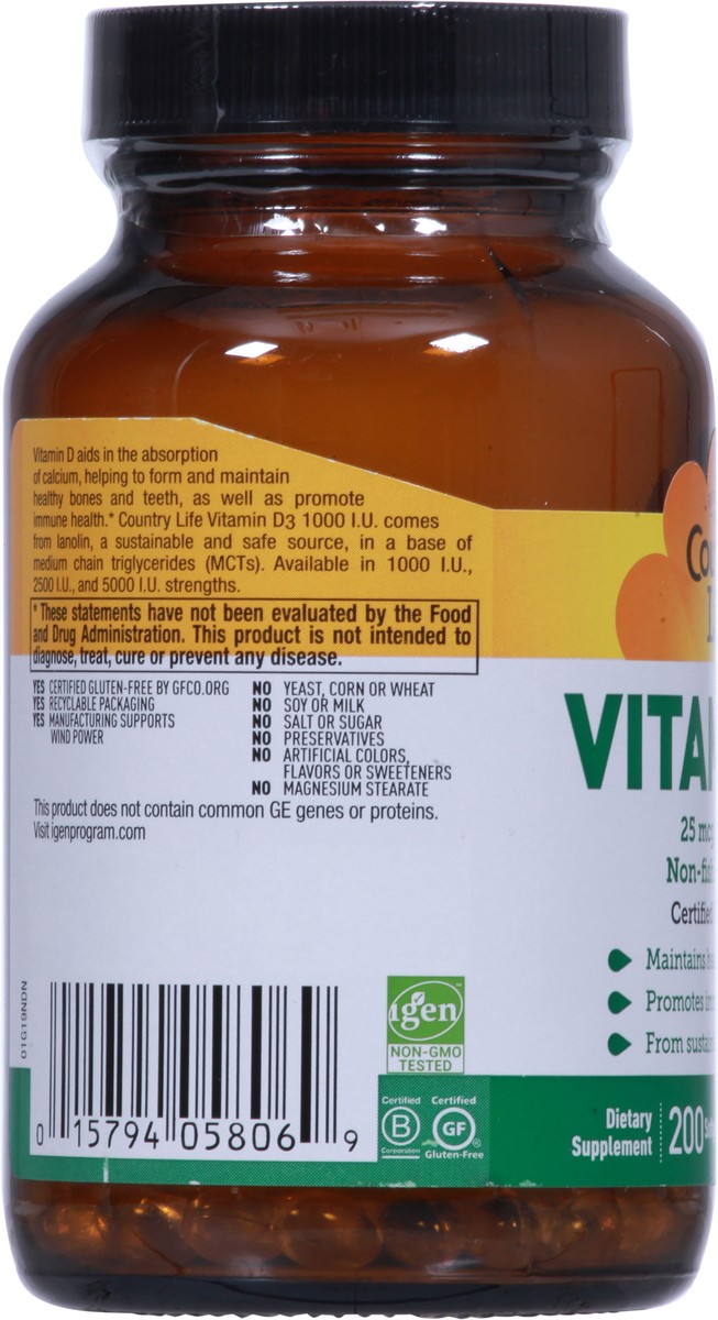 slide 4 of 10, Country Life 25 mcg Vitamin D3 200 Softgels, 200 ct