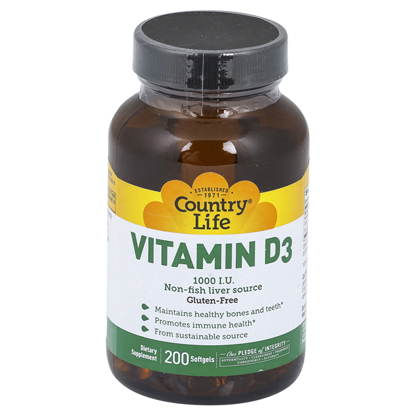 slide 1 of 10, Country Life 25 mcg Vitamin D3 200 Softgels, 200 ct