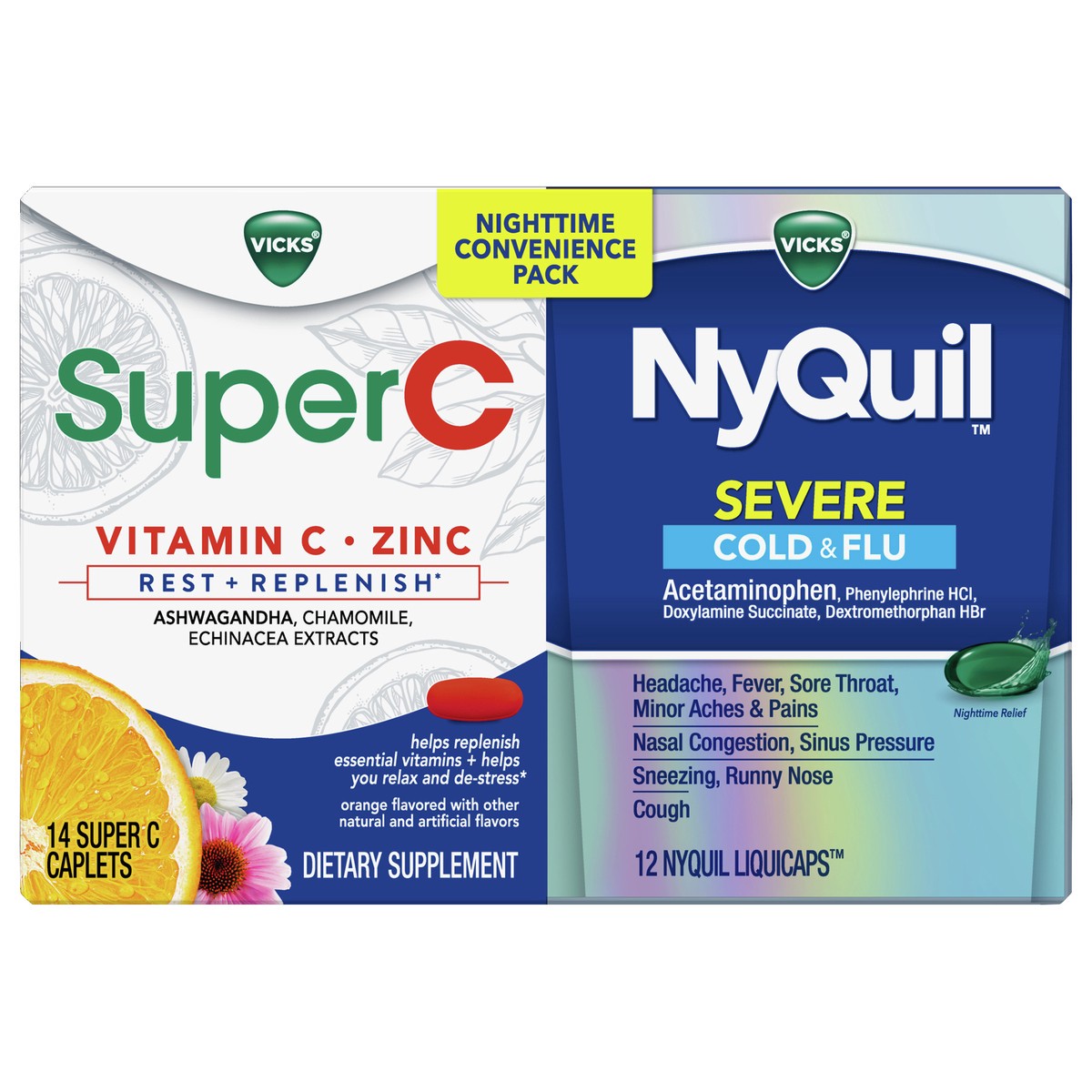 slide 1 of 1, NyQuil Severe Cold and Flu Liquicaps and Super C Rest Replenish Daily Supplement with Vitamin C, Zinc, and Ashwagandha Convenience Pack, 26 ct