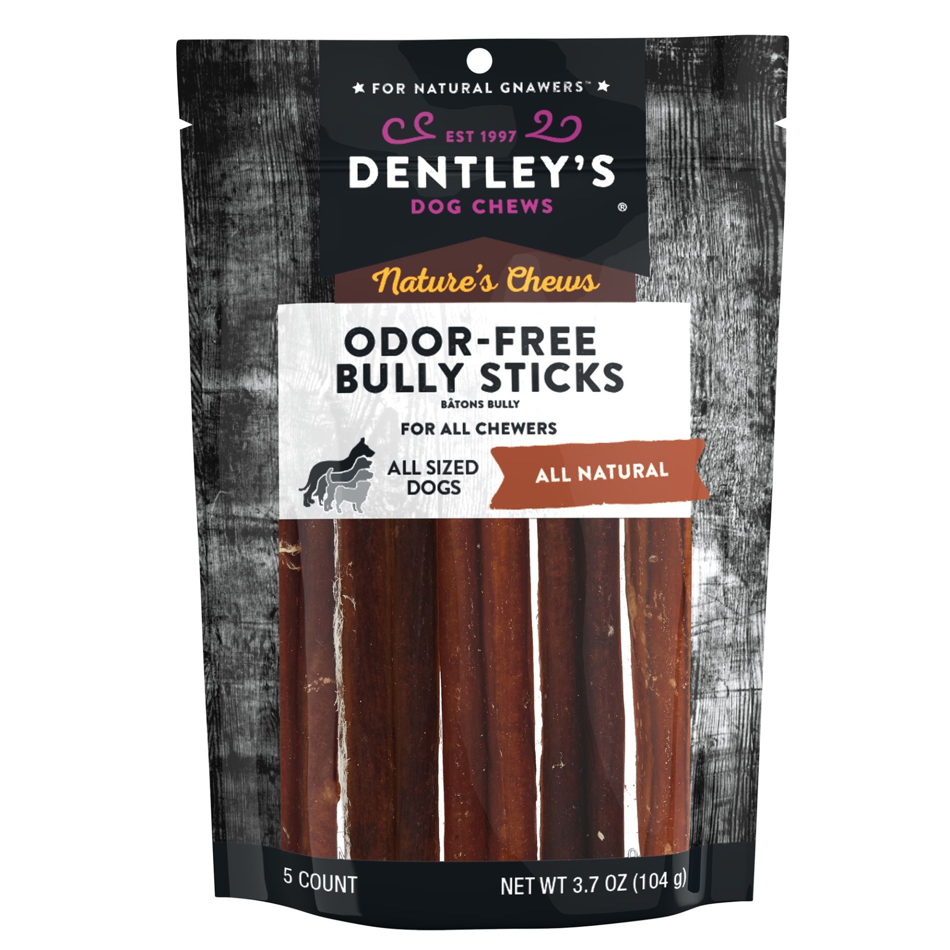 slide 1 of 1, Dentley's Nature's Chews 6 Odor Free Bully Stick Dog Chew'', 5 ct