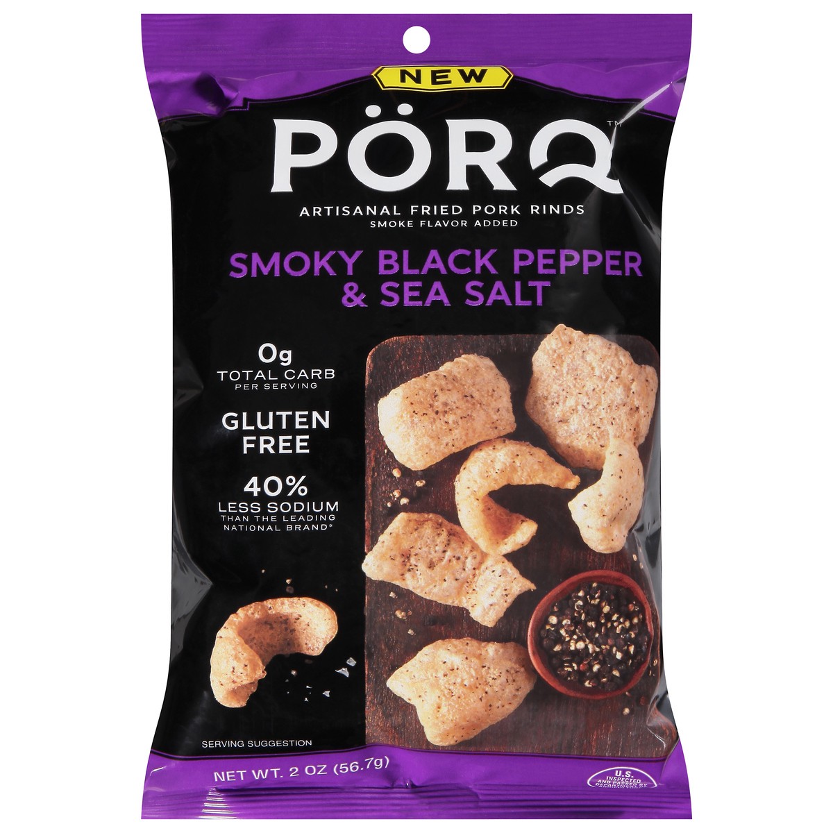 slide 1 of 1, PorQ Artisanal Fried Smoky Black Pepper & Sea Salt Pork Rinds 2 oz, 2 oz