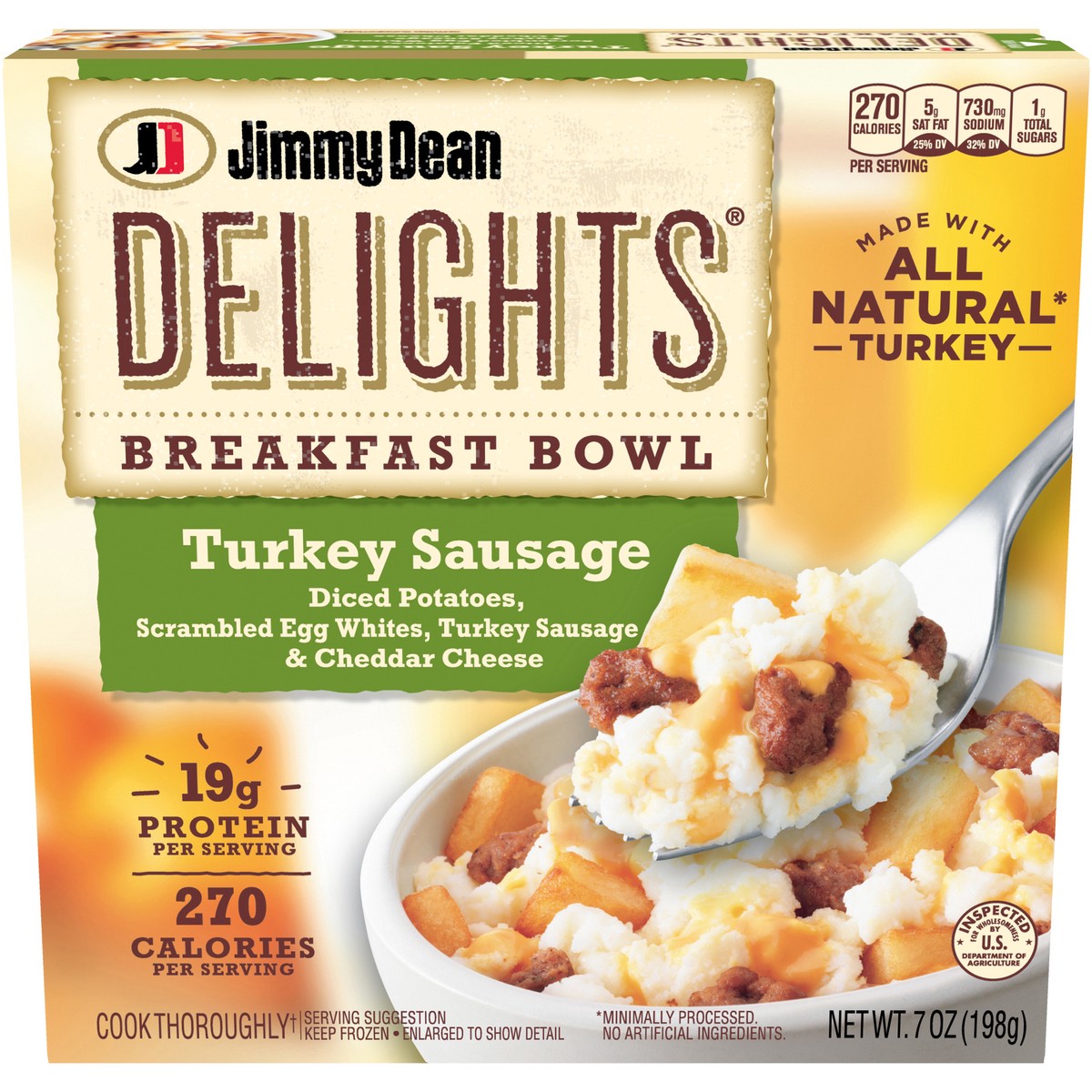 slide 1 of 9, Jimmy Dean Delights Breakfast Bowl, Turkey Sausage, Frozen, 7 oz Bowl, 198.45 g