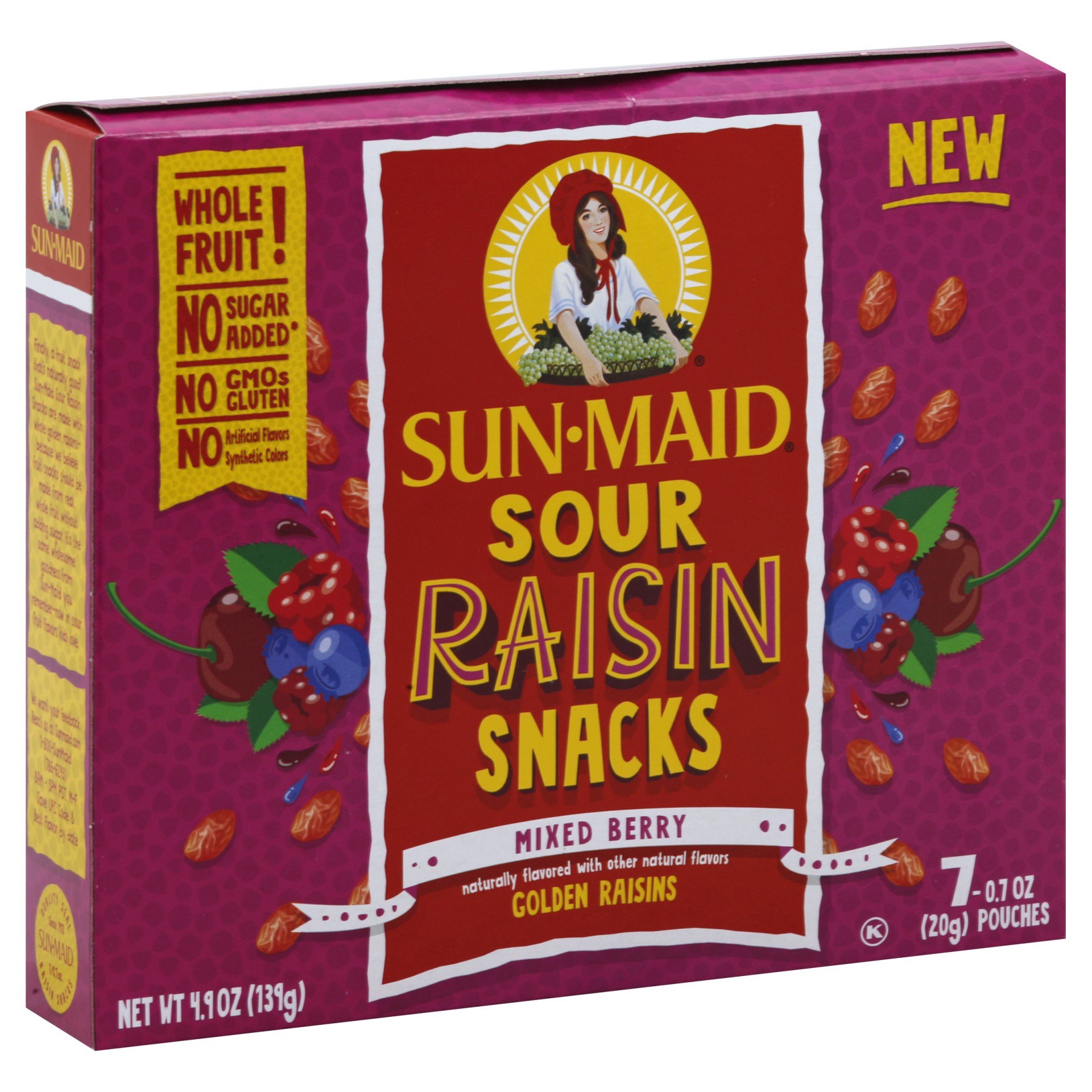 slide 1 of 11, Sun-Maid Fruity Raisin Snacks Sour Mixed Berry 7-Count Box/.7oz Pouches, 4.9 oz