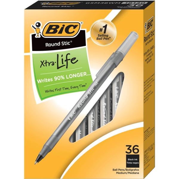 slide 1 of 3, BIC Round Stic Xtra Life Ballpoint Pens, Medium Point, Translucent Barrel, Black Ink, Pack Of 36 Pens, 36 ct