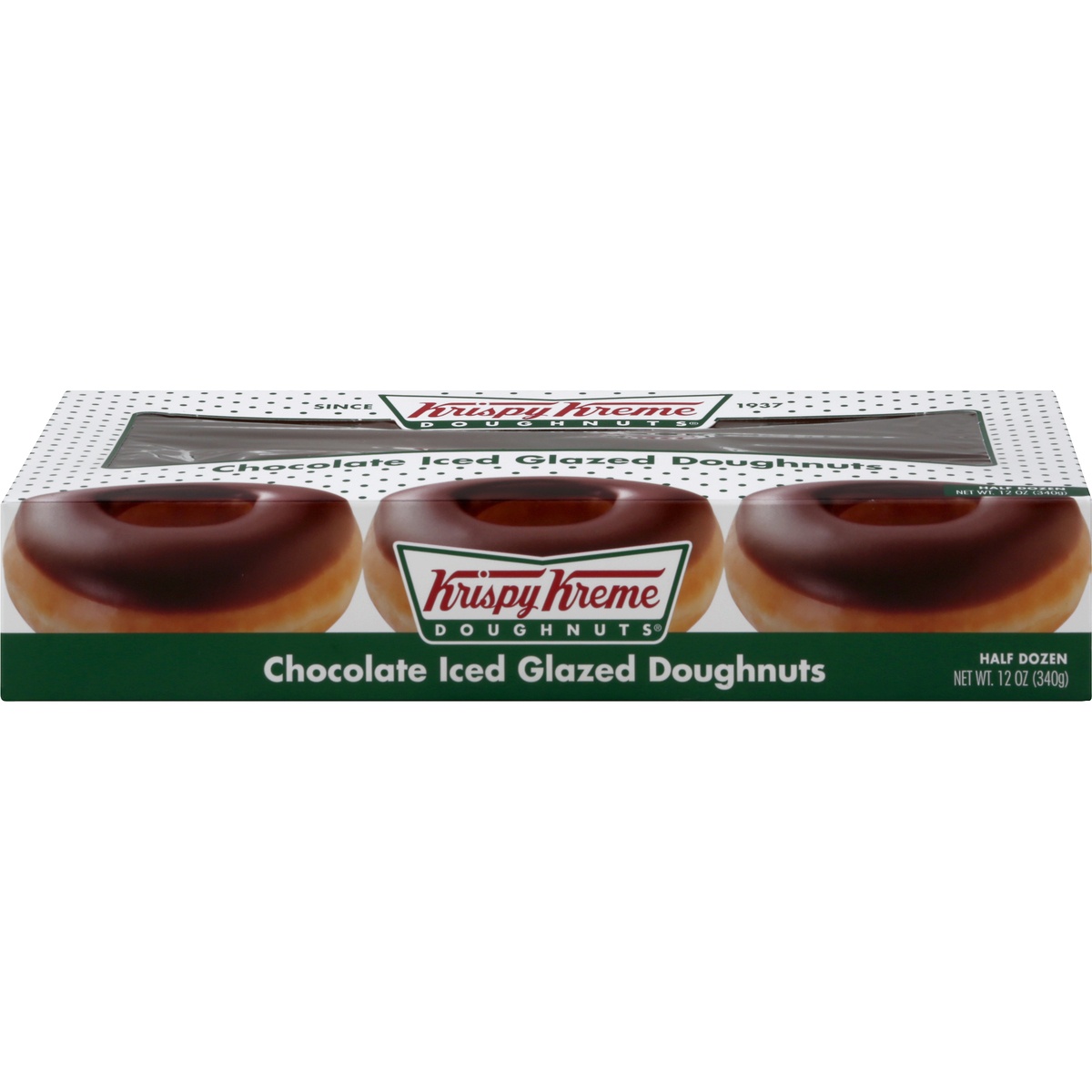 slide 1 of 1, Krispy Kreme Premium Fudge Iced Glazed Doughnuts, 12.6 oz