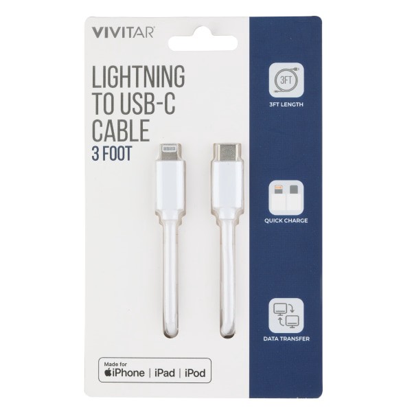slide 1 of 1, Vivitar Lightning To Usb-C Cable, 3', White, Nil3003-Wht-Stk-24, 1 ct
