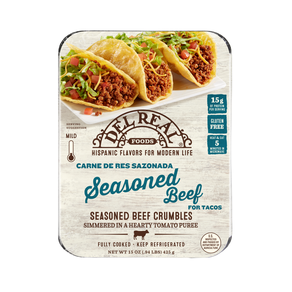 slide 1 of 1, Del Real Foods Taco Meat Seasoned Beef, 15 oz