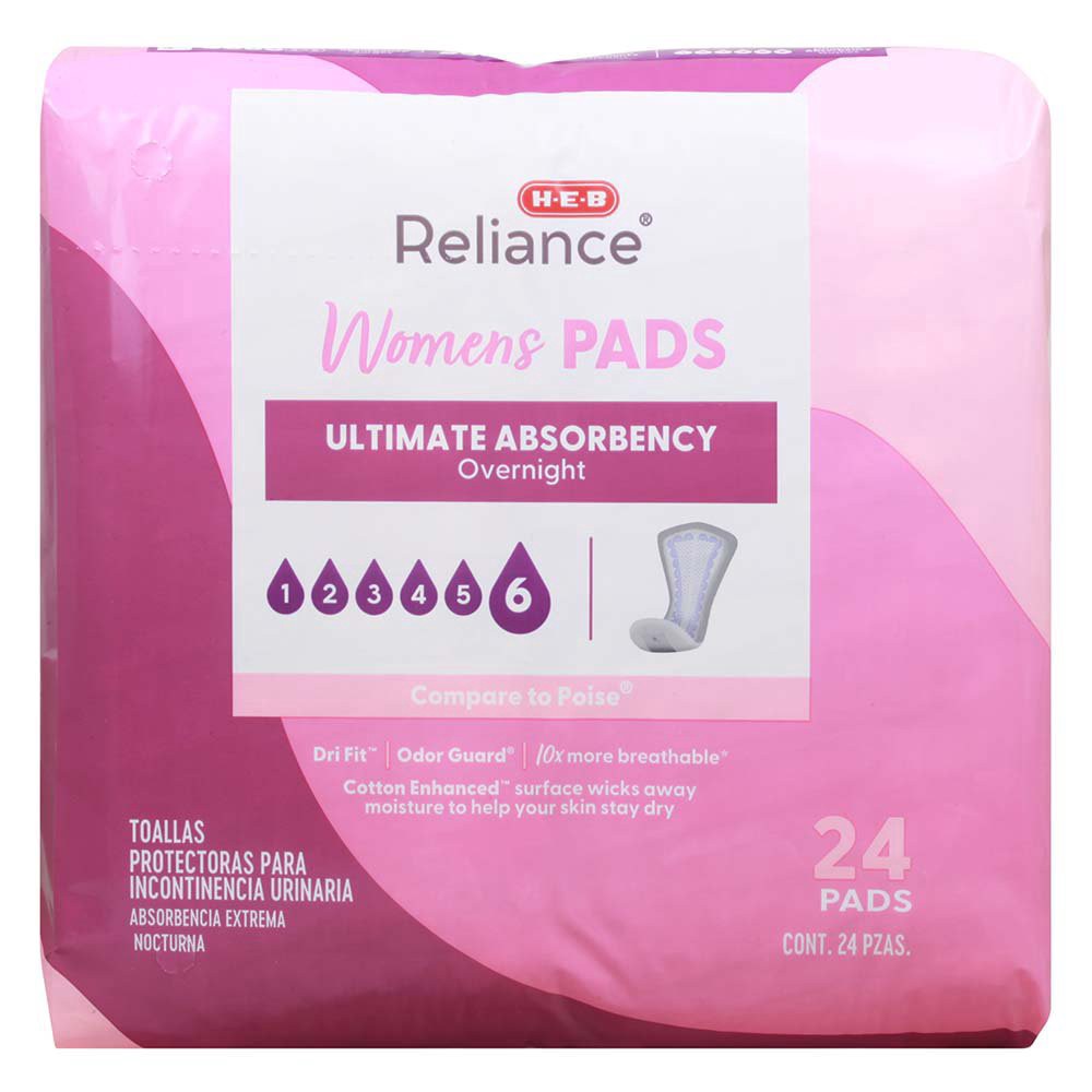 slide 1 of 1, H-E-B Reliance Overnight Absorbency Pads, 24 ct