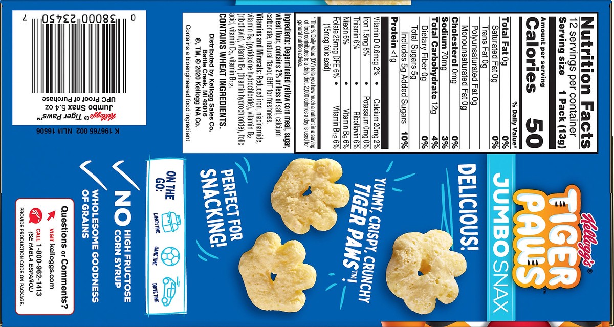 slide 2 of 7, Kellogg's Jumbo Snax Tiger Paws Cereal Snacks, Lunch Snacks, Original, 5.4oz Box, 12 Bags, 5.4 oz