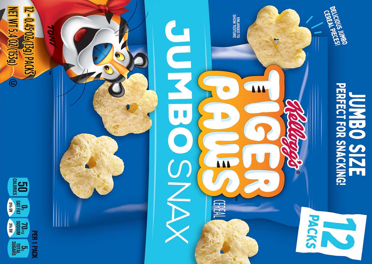 slide 7 of 7, Kellogg's Jumbo Snax Tiger Paws Cereal Snacks, Lunch Snacks, Original, 5.4oz Box, 12 Bags, 5.4 oz