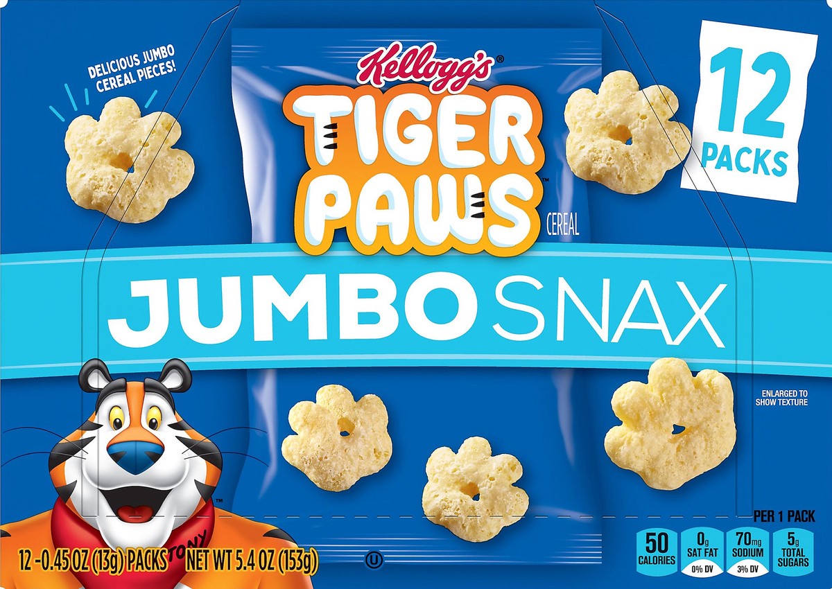 slide 3 of 7, Kellogg's Jumbo Snax Tiger Paws Cereal Snacks, Lunch Snacks, Original, 5.4oz Box, 12 Bags, 5.4 oz