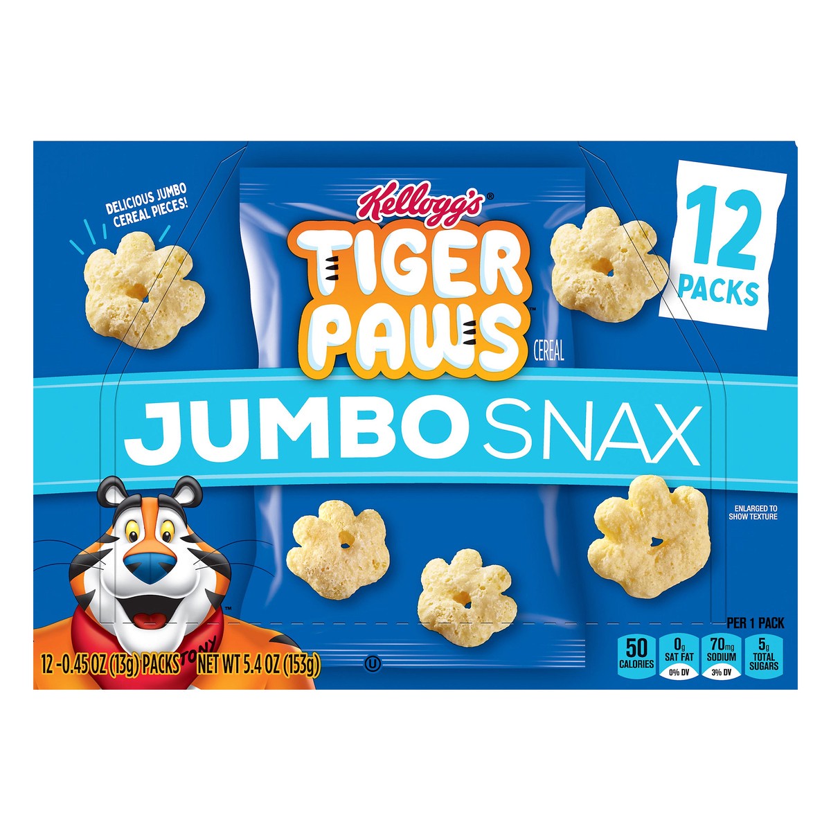 slide 1 of 7, Kellogg's Jumbo Snax Tiger Paws Cereal Snacks, Lunch Snacks, Original, 5.4oz Box, 12 Bags, 5.4 oz