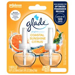 Glade PlugIns Scented Oil 2 Refills, Air Freshener, Coastal Sunshine Citrus™, Essential Oil Infused Wall Plug In, 1.34 FL OZ, Pack of 2
