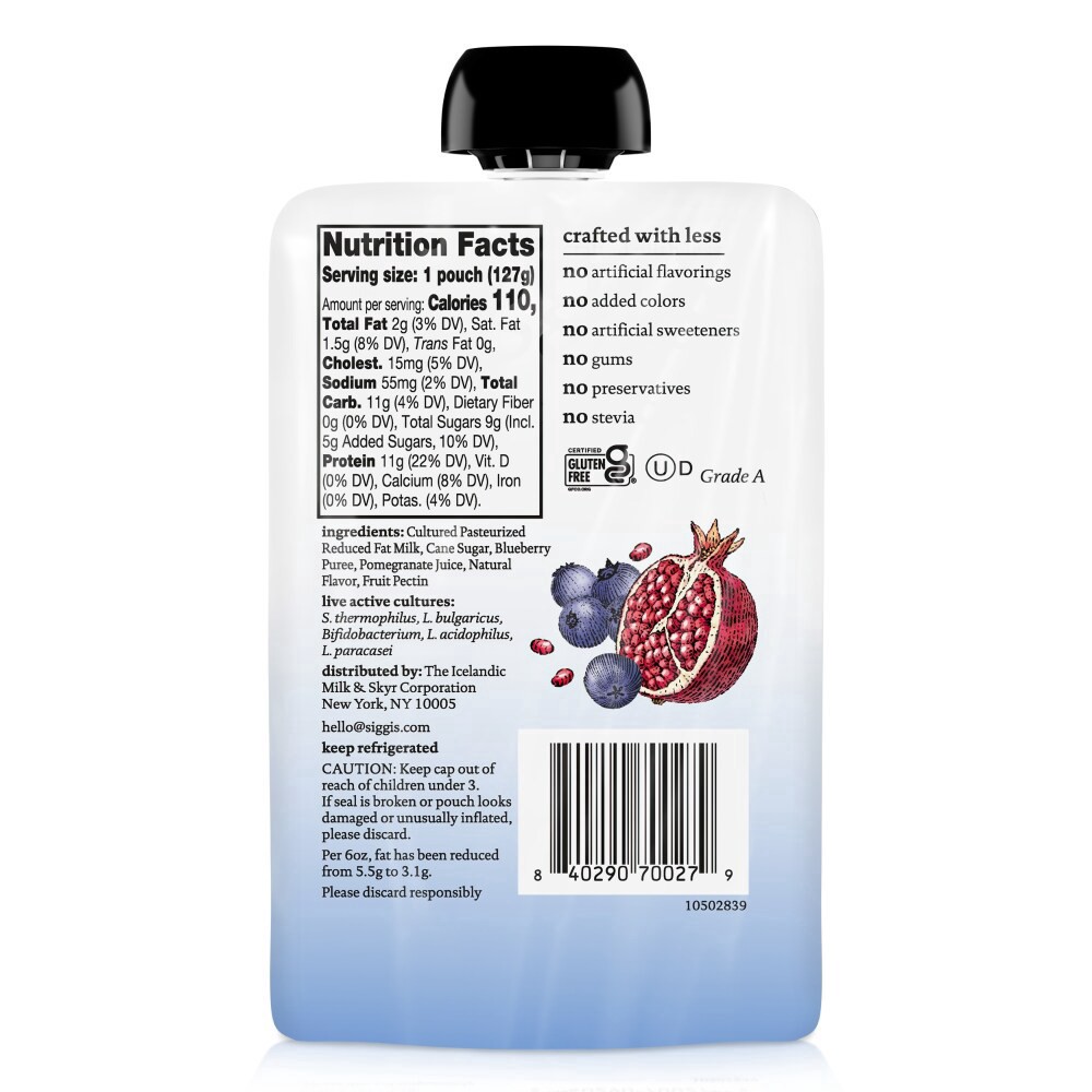 slide 2 of 3, siggi's Reduced Fat Protein Pack, Blueberry Pomegranate, 4.5 oz. Yogurt Pouch, 4.5 oz
