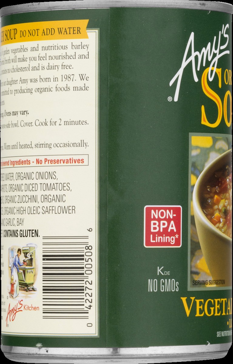 slide 6 of 8, Amy's Soup Vegetable Barley Org, 14.1 oz