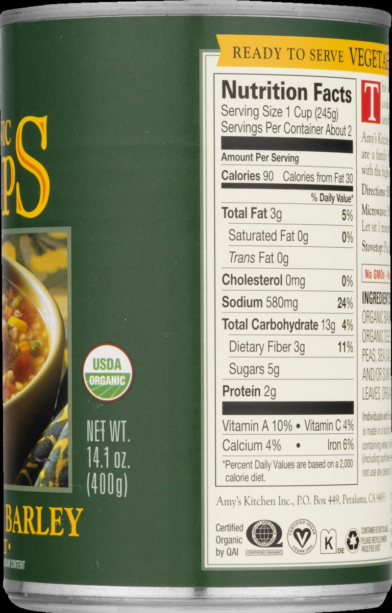 slide 7 of 8, Amy's Soup Vegetable Barley Org, 14.1 oz