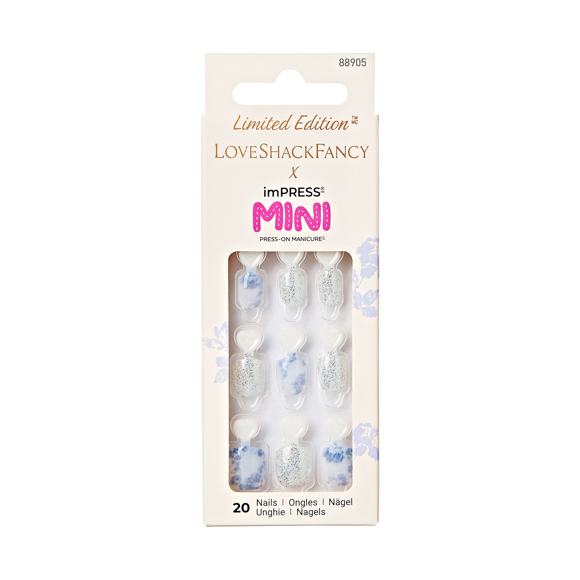 slide 1 of 5, imPRESS LoveShackFancy x imPRESS Mini Limited Edition Square Kids Press-On Nails, Blue, 20 Count, 1 ct