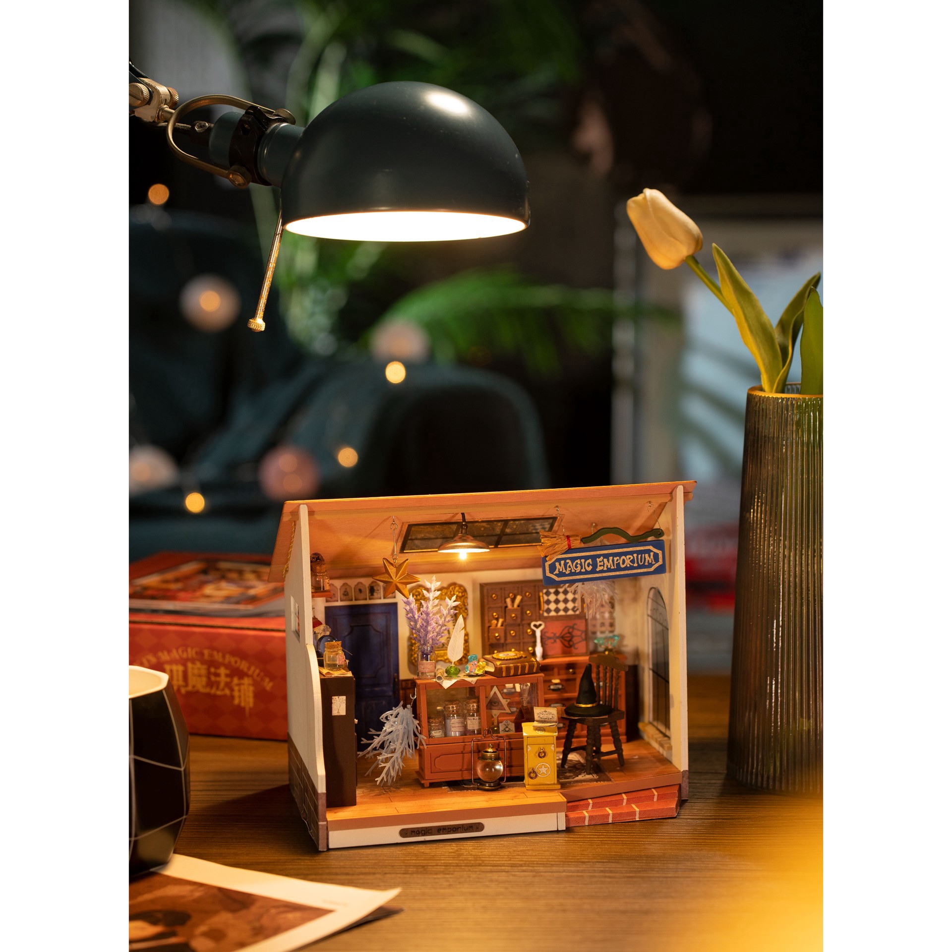 slide 4 of 7, Robotime Rolife Kiki's Magic Emporium Diy Miniature House Kit, 8.5 in x 6 in x 6.9 in