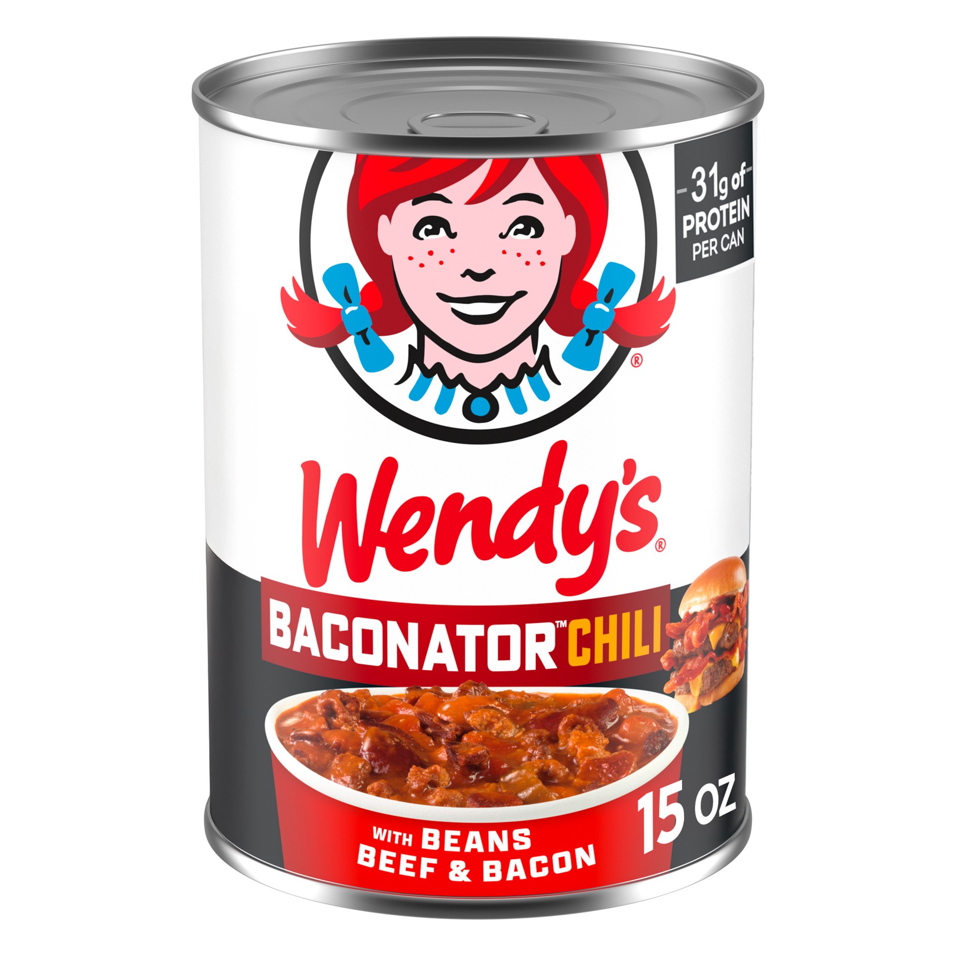 slide 1 of 7, Wendy's Baconator Chili With Beans, Beef & Bacon, Canned Chili, 15 Oz., 15 oz