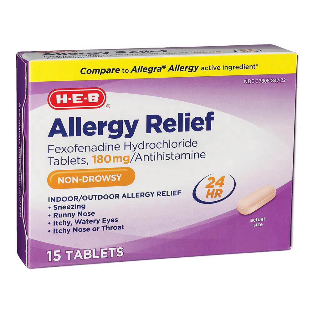 slide 1 of 1, H-E-B Allergy Relief 24 Hour Original Prescription Strength Fexofenadine 180 mg Tablets, 15 ct