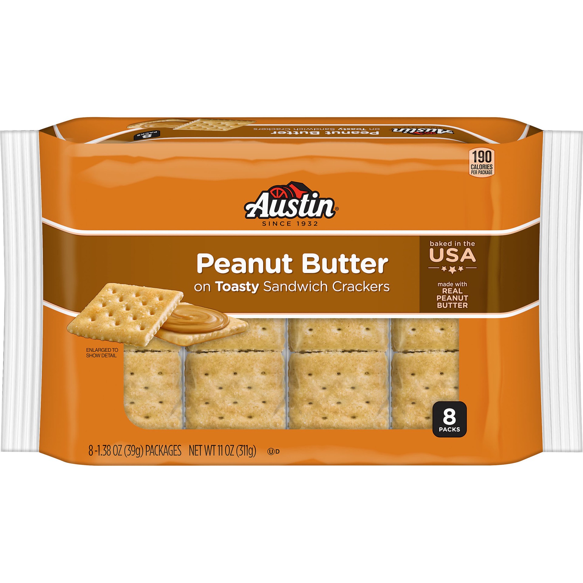 slide 1 of 5, Austin Sandwich Crackers, Single Serve Snack Crackers, Office and Kids Snacks, Peanut Butter on Toasty, 11oz Tray, 8 Packs, 11 oz