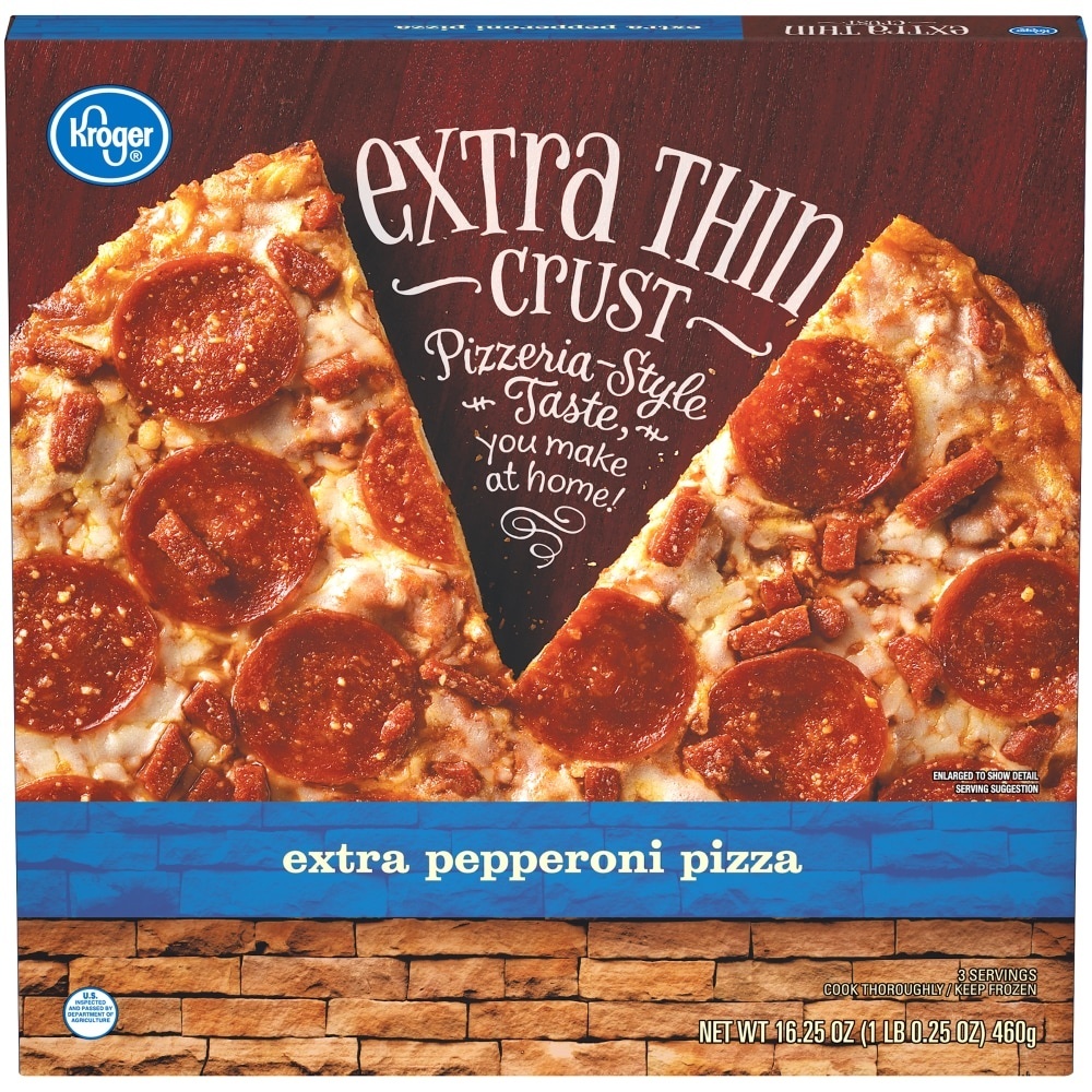 slide 1 of 1, Kroger Extra Thin Crust Extra Pepperoni Pizza, 15.7 oz