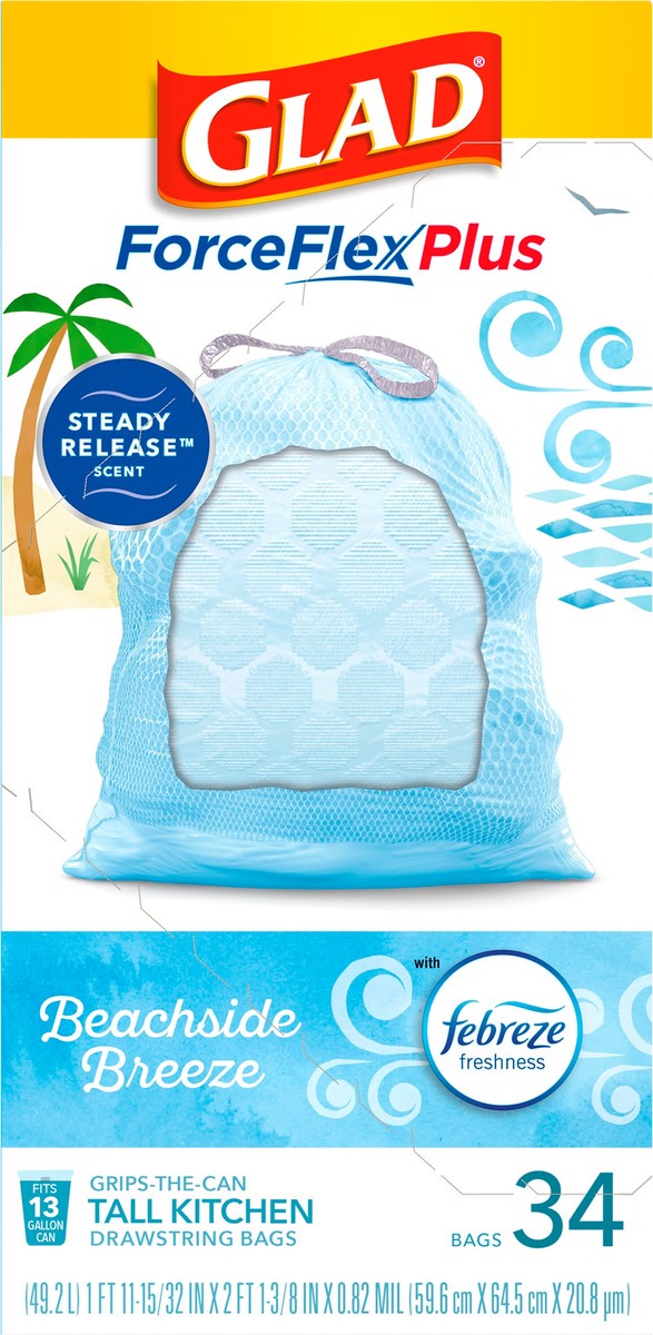 slide 3 of 12, Glad Tall Kitchen Grips-the-Can Beachside Breeze Drawstring Bags 34 ea, 34 ct