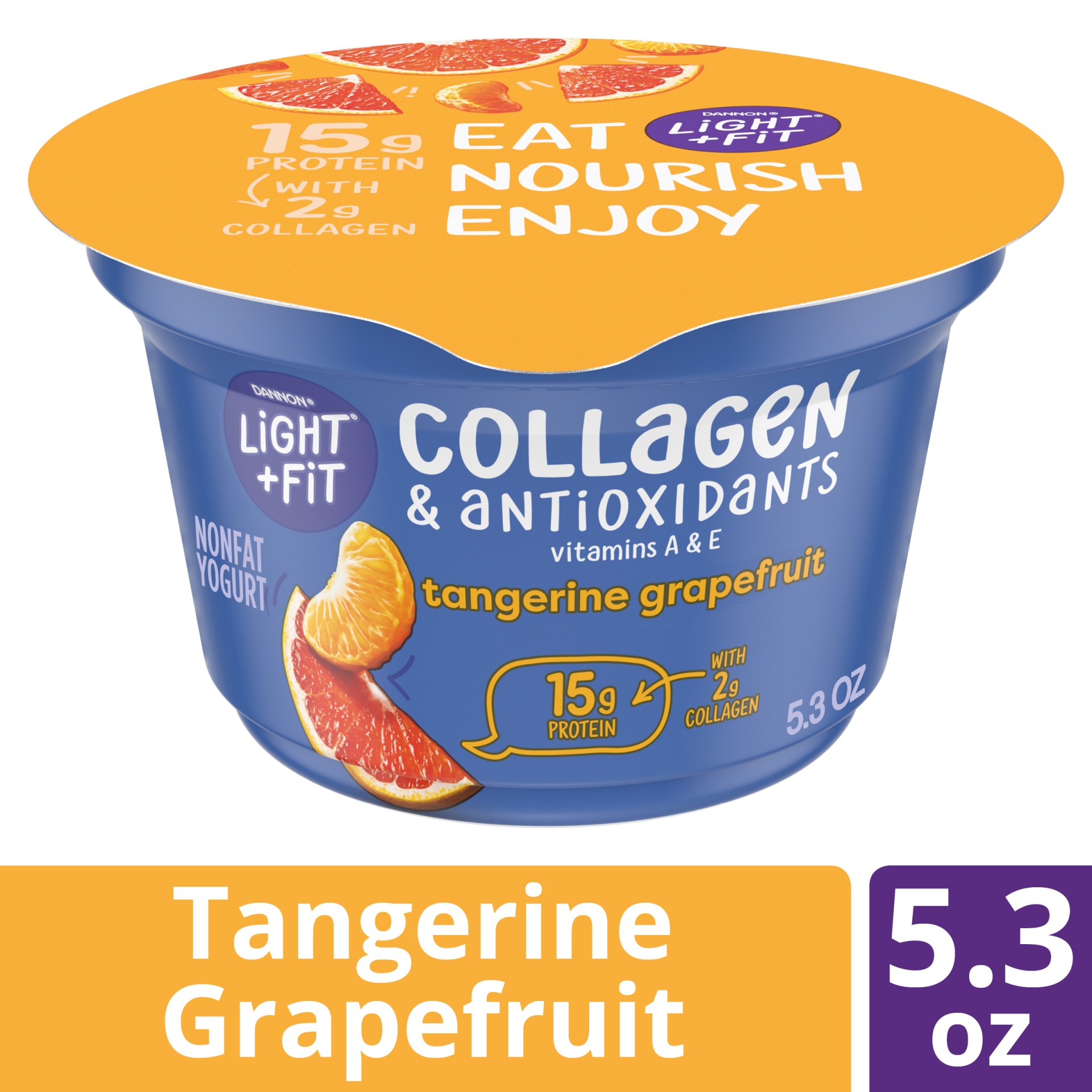 slide 1 of 7, Light + Fit Nonfat Tangerine Grapefruit Icelandic Style Yogurt with Collagen & Antioxidants, 5.3 oz