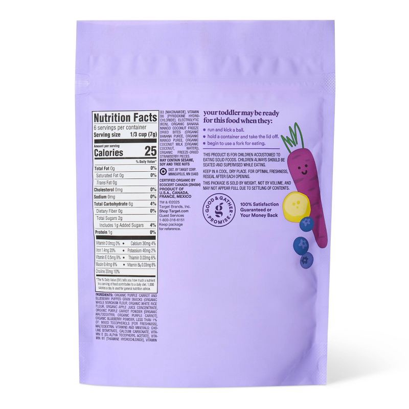 slide 2 of 4, Purple Carrot and Blueberry Puffs with Banana Mango Coconut Bites Organic Toddler Snack Mix – 1.48oz - Good & Gather™, 1.48 oz