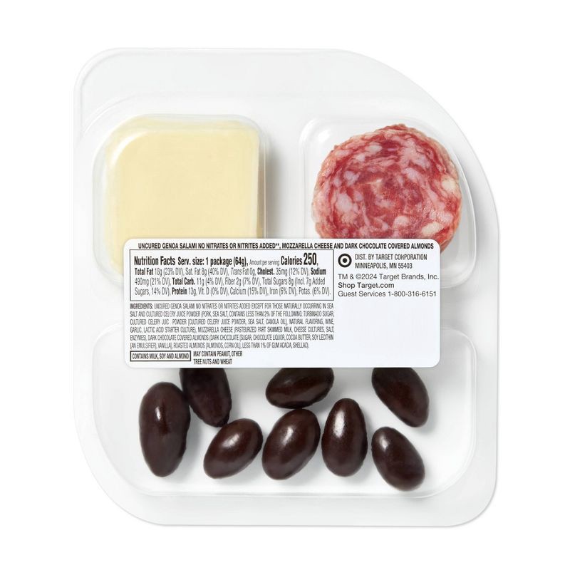 slide 2 of 4, Uncured Genoa Salami, Mozzarella Cheese & Dark Chocolate Covered Almonds Snacker 2.25oz - Good & Gather™, 2.25 oz