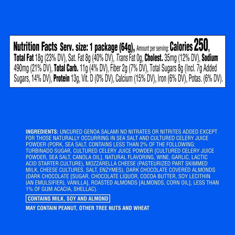 slide 4 of 4, Uncured Genoa Salami, Mozzarella Cheese & Dark Chocolate Covered Almonds Snacker 2.25oz - Good & Gather™, 2.25 oz