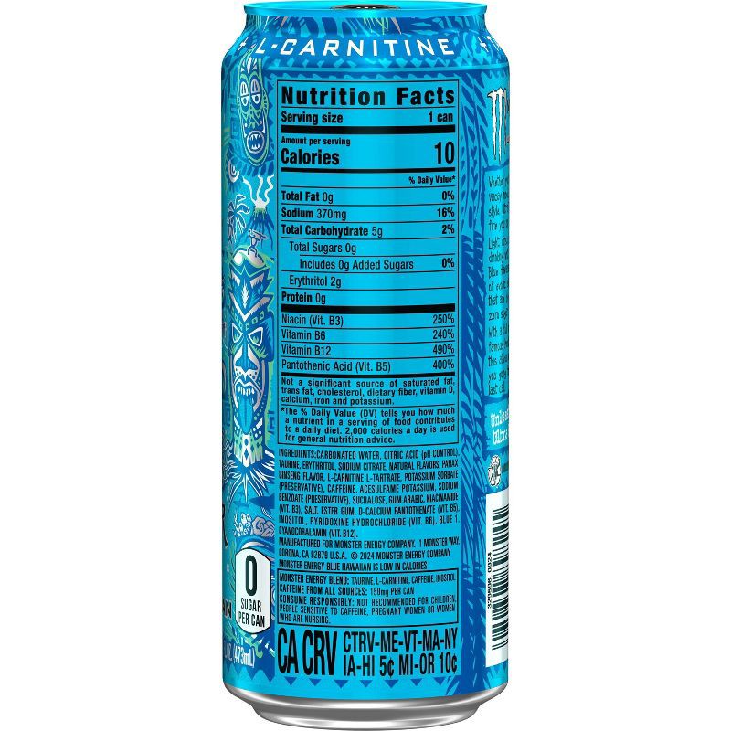 slide 3 of 8, Monster Energy Monster Ultra Blue Hawaiian Sugar Free Energy Drink - 16 fl oz Can, 16 fl oz
