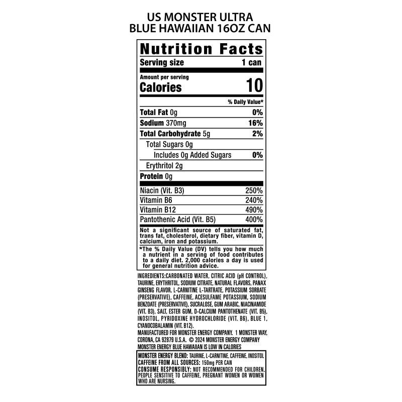 slide 5 of 8, Monster Energy Monster Ultra Blue Hawaiian Sugar Free Energy Drink - 16 fl oz Can, 16 fl oz
