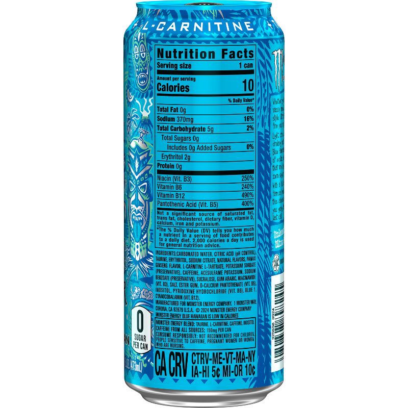 slide 6 of 8, Monster Energy Monster Ultra Blue Hawaiian Sugar Free Energy Drink - 16 fl oz Can, 16 fl oz