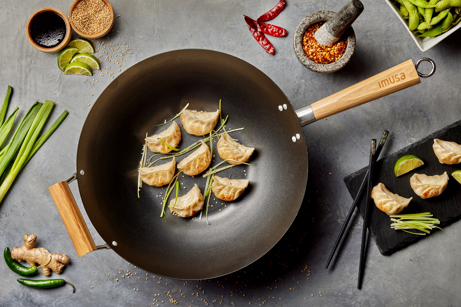 slide 4 of 5, IMUSA 14" Carbon Steel Wok with Wooden Handle Black, 14 in