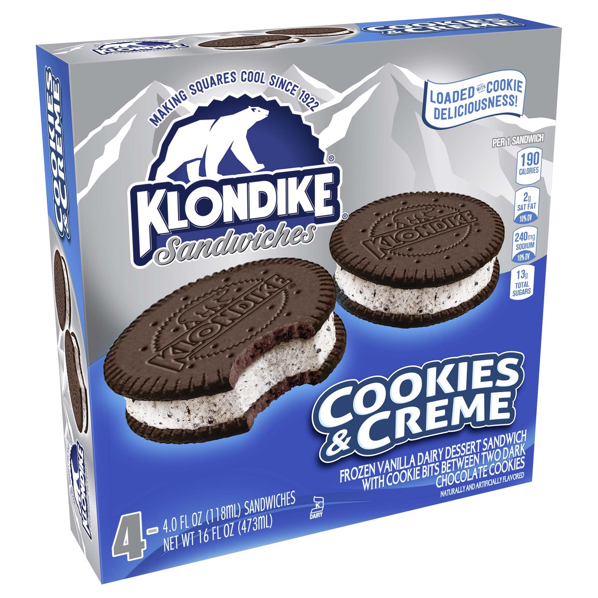 slide 3 of 9, Klondike Frozen Dairy Dessert Sandwiches Cookies and Creme, 4 fl oz, 4 Count, 4 ct