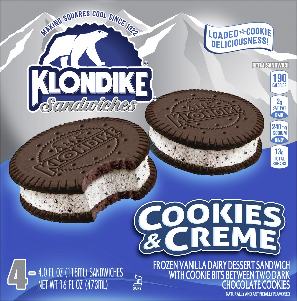 slide 5 of 9, Klondike Frozen Dairy Dessert Sandwiches Cookies and Creme, 4 fl oz, 4 Count, 4 ct