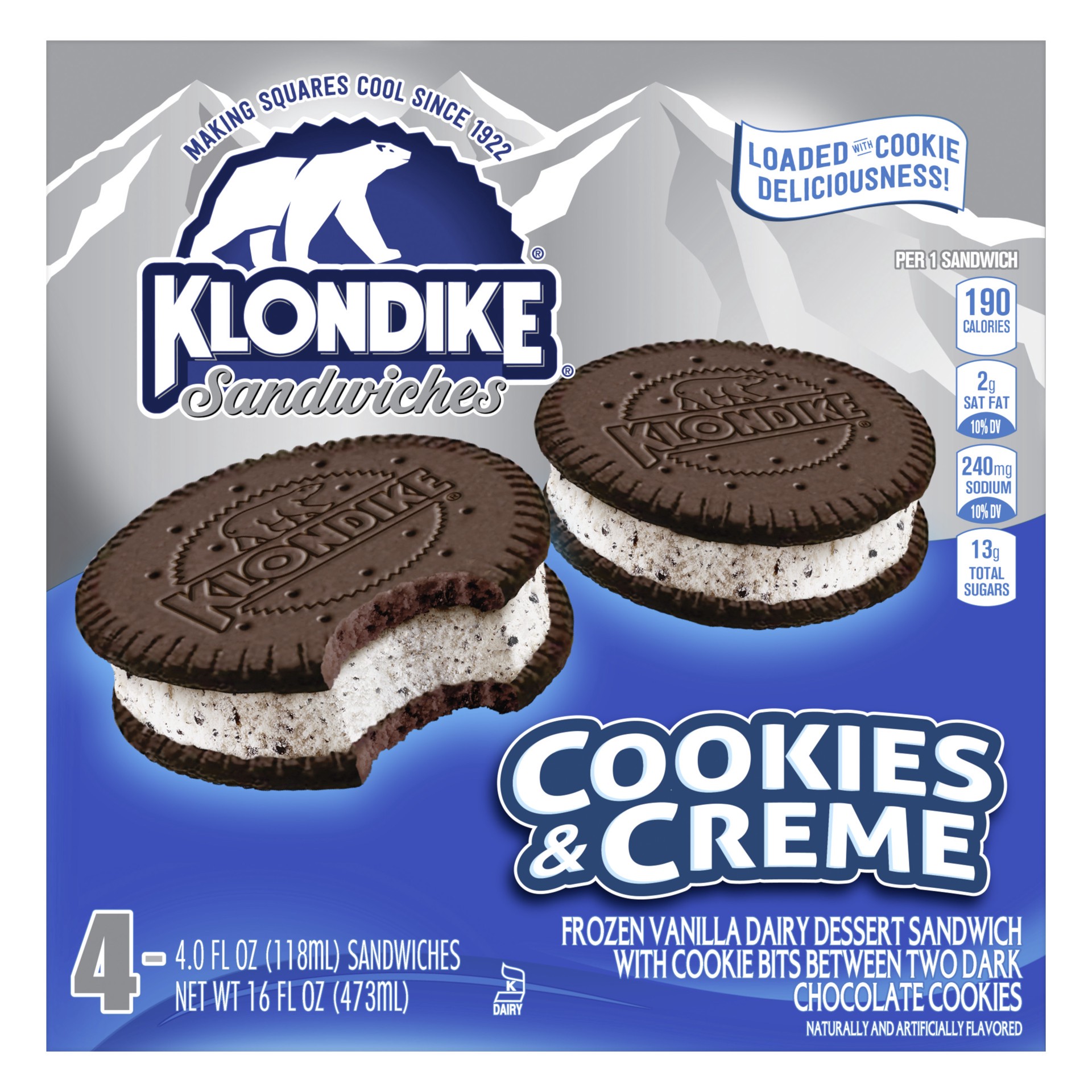 slide 1 of 9, Klondike Frozen Dairy Dessert Sandwiches Cookies and Creme, 4 fl oz, 4 Count, 4 ct