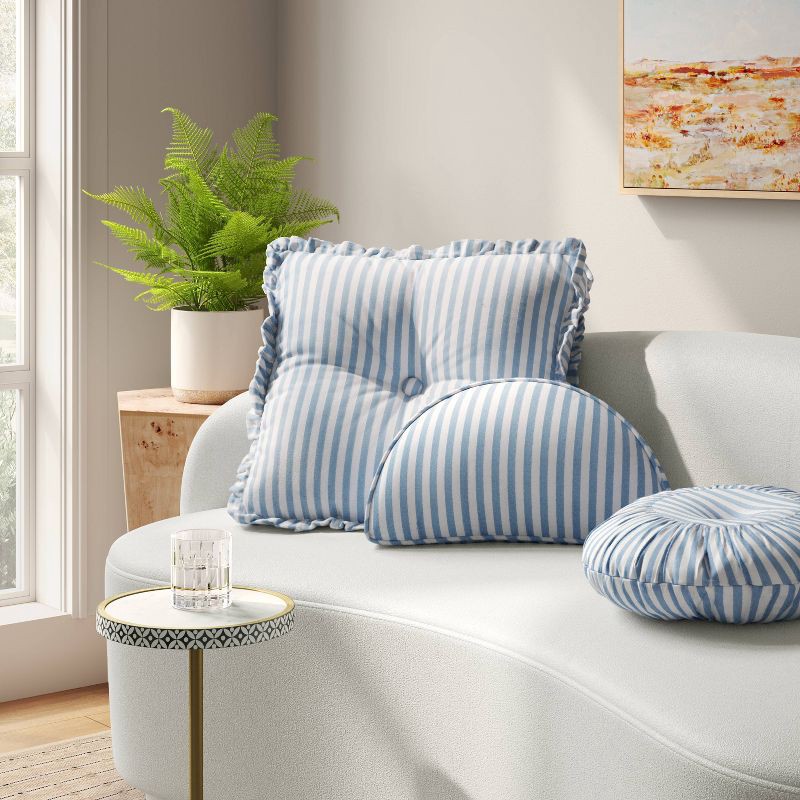 slide 2 of 4, Oversized Square Stripe Pillow with Ruffle Trim Blue/White - Threshold™, 1 ct
