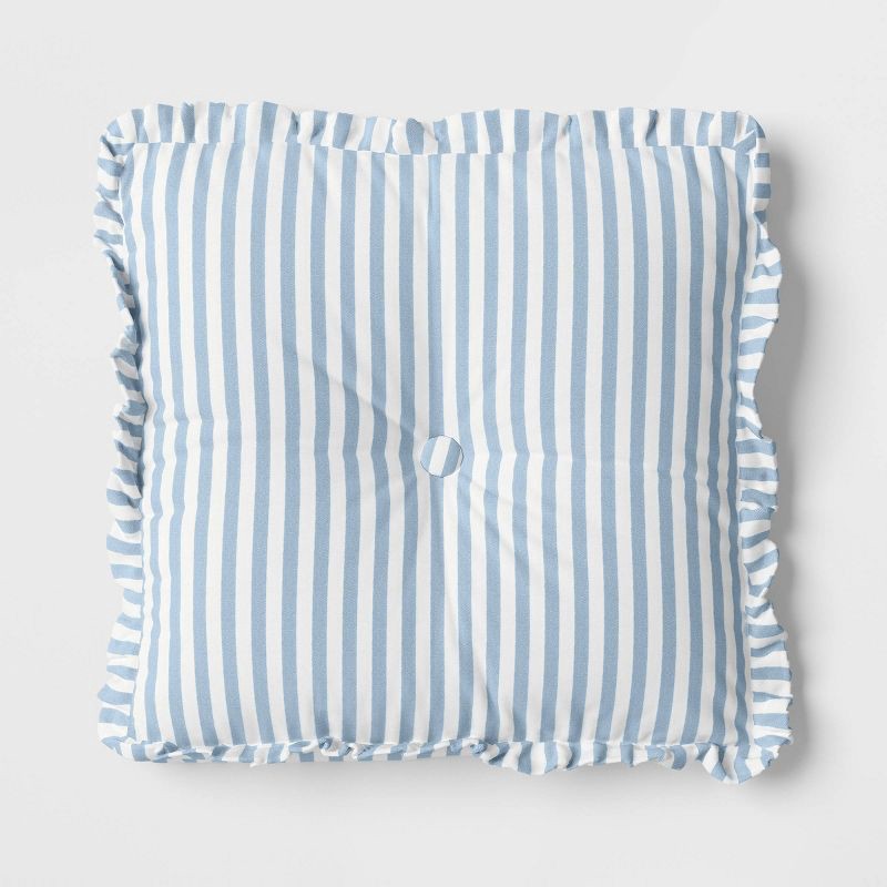 slide 1 of 4, Oversized Square Stripe Pillow with Ruffle Trim Blue/White - Threshold™, 1 ct