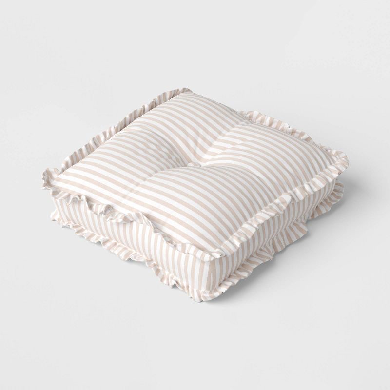 slide 3 of 4, Oversized Square Stripe Pillow with Ruffle Trim Natural/White - Threshold™, 1 ct