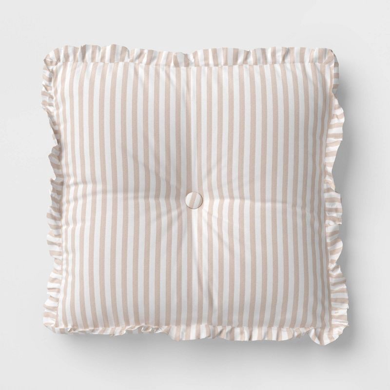 slide 1 of 4, Oversized Square Stripe Pillow with Ruffle Trim Natural/White - Threshold™, 1 ct