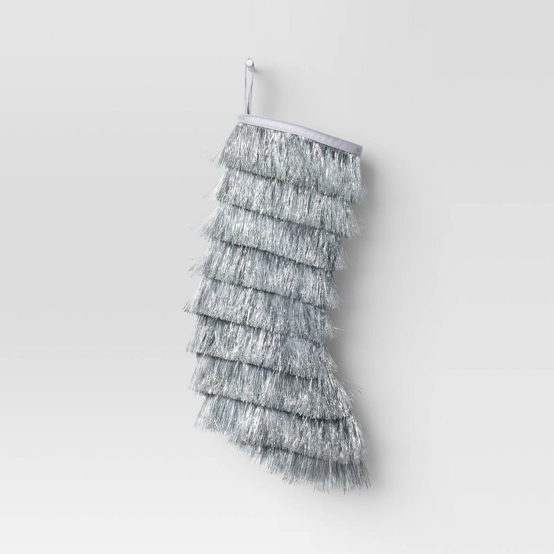 slide 1 of 3, 20" Christmas Tinsel Stocking Silver - Wondershop™, 1 ct