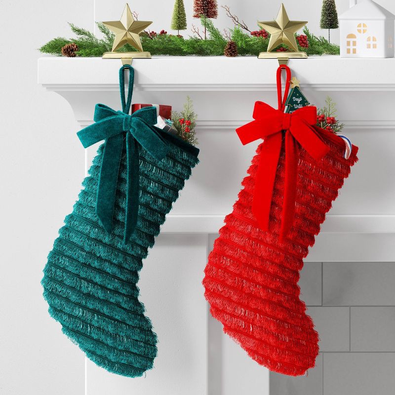 slide 2 of 3, 21" Christmas Fringe Fabric Stocking with Bow Green - Wondershop™, 1 ct