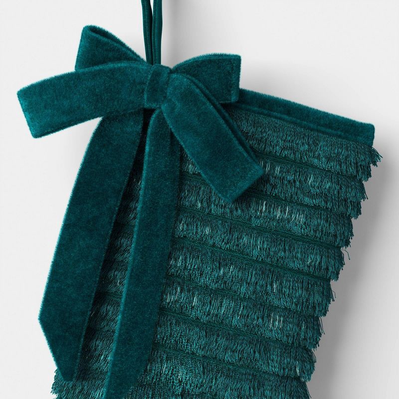 slide 3 of 3, 21" Christmas Fringe Fabric Stocking with Bow Green - Wondershop™, 1 ct