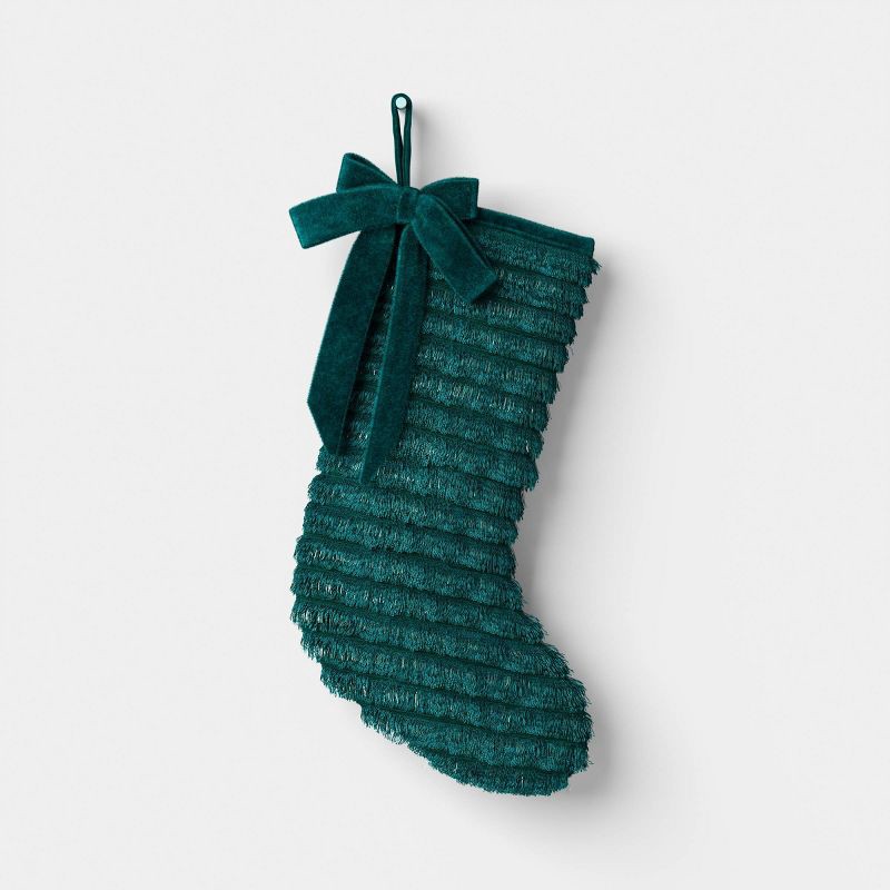 slide 1 of 3, 21" Christmas Fringe Fabric Stocking with Bow Green - Wondershop™, 1 ct