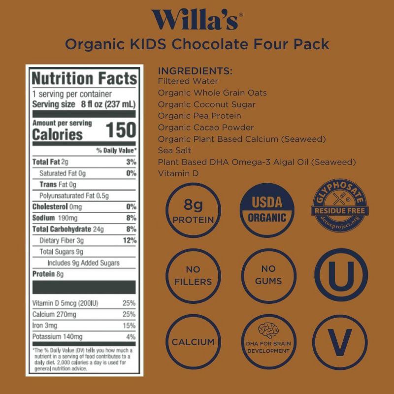slide 3 of 10, Willa's Organic Kids' Chocolate Oat Milk - 4pk/8 fl oz, 4 ct, 8 fl oz