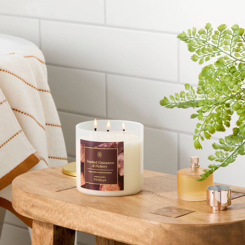 slide 2 of 3, 3 Wick Lidded Glass Smoked Cinnamon and Hickory Jar Candle 19oz - Threshold™, 19 oz