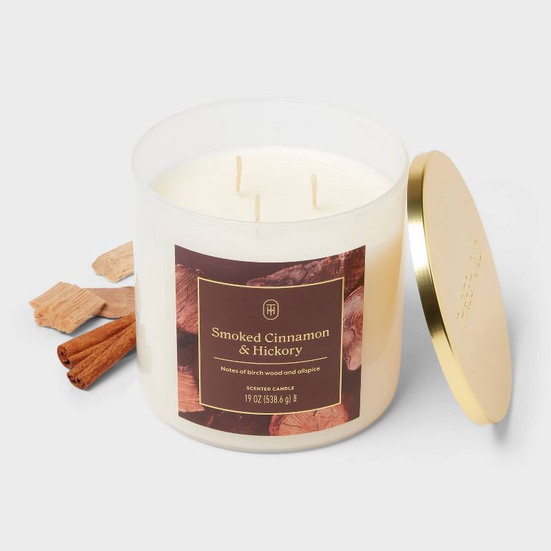 slide 3 of 3, 3 Wick Lidded Glass Smoked Cinnamon and Hickory Jar Candle 19oz - Threshold™, 19 oz